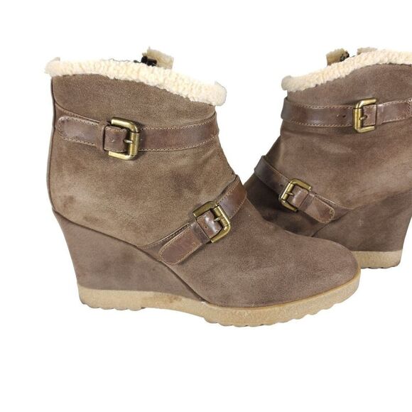 Aquatalia Women's US9 Brown Suede Leather Fur Lined Strappy Wedge Booties - Picture 9 of 13